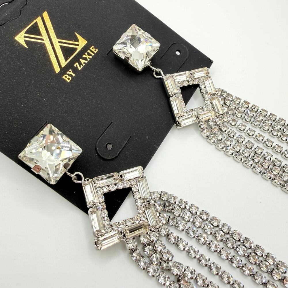 Z By Zaxie Crystal Fringe Chandelier Earrings Rhinestone Statement Glam - Picture 3 of 4